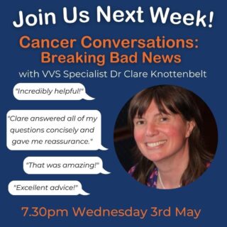 💊 * Free Oncology Webinar- Next Week *💉 

Join Dr Clare Knottenbelt, VVS Oncology Specialist as she guides you through the difficult 'Cancer Conversation'. 

Clare will share her experience and advice to help guide you in these discussions with clients. 

Clare strongly encourages you to have all the facts when breaking bad news as this can make a real difference to both you and the owner. 

🕥 When: Wednesday 3rd May 2023 at 7.30pm 
💻 Where: Online (Zoom) 
📜 CPD Certificate?: Yes! All who watch live on the night will get a CPD certificate. 
👀 Can I watch back? Yes! A recording will be shared afterwards to all registrants. 

Register for FREE through the link in our bio. 

www.vvs.vet 

#webinar #vetwebinar #vetcpd #veterinarycpd #freevetcpd #virtualvet #vvs #virtualreferral #veterinaryoncology #vetonco #veterinaryspecialist #vetspecialist #veterinaryreferral #vetlearning