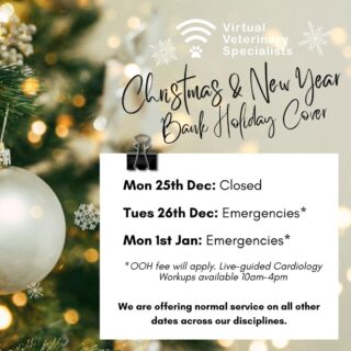 We wanted to wish you all a very Merry Christmas and Happy New Year 🎄🎁

We are available for emergencies (including live-guided cardiology work ups) on both Boxing Day and New Years Day. 

We have advice call availability in all disciplines and will be here to help if needed. Just contact us via WhatsApp or Email info@vvs.vet if you have a case we can support with. 

We are open as usual on the 27th, 28th and 29th December and again from the 2nd January.

We hope the OOH gods are kind to you all over the festive period, and your apomorphine stock is plentiful 😉 Christmas wishes, The VVS Team ✨

www.vvs.vet