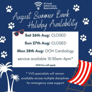 Wishing all our friends and colleagues a lovely August Bank Holiday weekend.

www.vvs.vet

#virtualvet #veterinarycardiology #vetmed #smallanimalmedicine #smallanimal #virtualreferral #virtualspecialist #vetcpd #veterinary #vetcardio